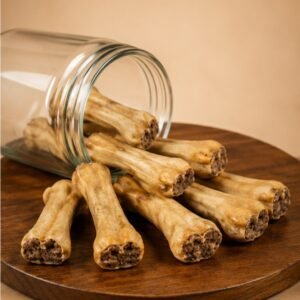 Bone-shaped dog treats poured from a glass jar onto a wooden surface, scattered on a round board.