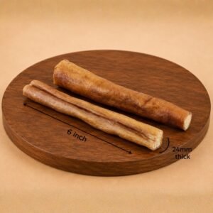 Two crusty breadsticks on a round wooden board with size labels: 6 inches long and 24 mm thick.