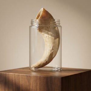 Curved banana inside a clear glass jar on a wooden pedestal-like surface.