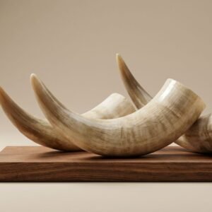 Curved white horns resting on a wooden display board against a neutral background.