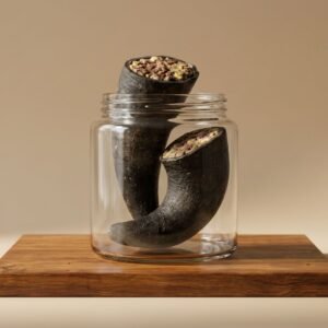 Two dark, curved, tube‑shaped items with crumbly filling sit inside a clear glass jar placed on a wooden slab.