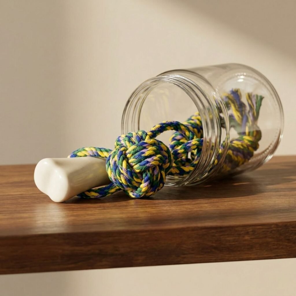 Glass jar tipped on its side with a colorful braided rope dog toy spilling out onto a wooden table.