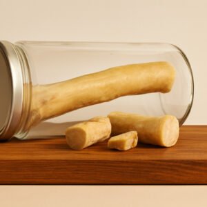 Dog chews and bones spilling from a glass jar onto a wooden table surface; pet treats visible inside and outside the jar.