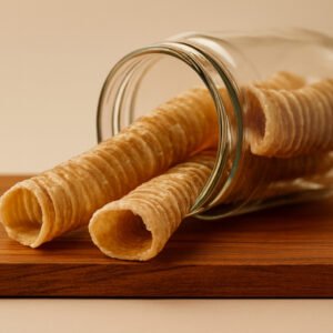 Glass jar tipped on its side with spiral wafer cookies spilling onto a wooden cutting board
