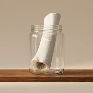 Large white bone standing upright inside a clear glass jar on a wooden shelf in a neutral setting