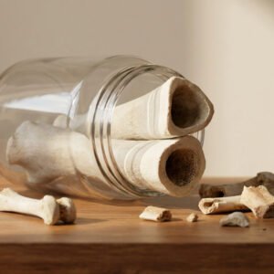 A glass jar tipped on its side with white hollow bone-like pieces spilling onto a wooden surface.