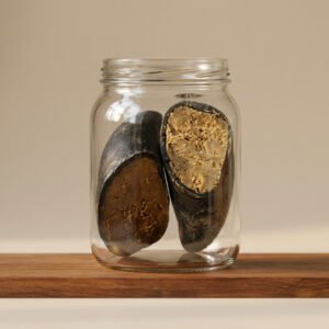 Clear glass jar on a wooden shelf holds two large dark seeds with beige powder visible inside one shell, resting against each other.