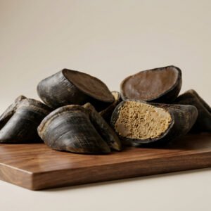 Opened dark mussel shells showing brown meat on a wooden cutting board.
