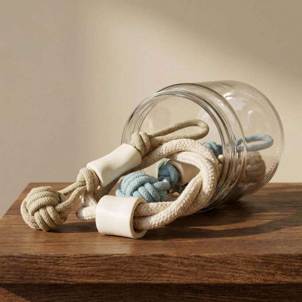 A glass jar tipped on its side spilling braided rope toys onto a wooden table.