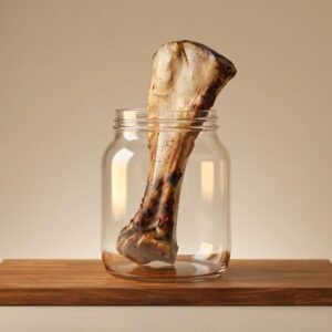 Large bone standing upright inside a clear glass jar placed on a wooden surface.