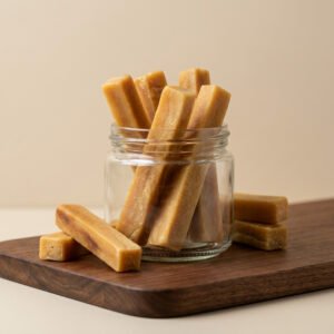 Rectangular caramel-colored snack sticks arranged in a glass jar on a wooden board, with a few pieces resting nearby on the board.