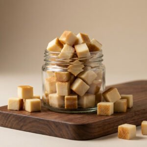 Glass jar filled with brown sugar cubes on a wooden surface, with some cubes spilled nearby.