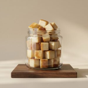 Glass jar filled with golden-brown bread cubes stacked on a wooden board on a light background