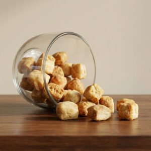 Brown sugar cubes spill from a tilted glass jar onto a wooden table surface.
