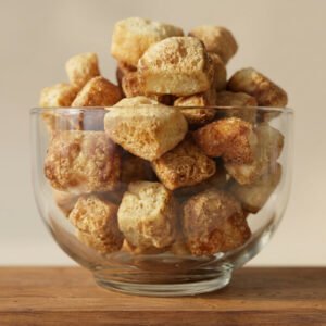 Glass bowl filled with golden-brown biscotti pieces stacked high on a wooden surface.