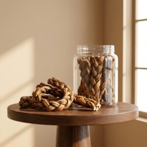 Braided natural fiber rope coiled on a round wooden table beside a glass jar filled with more rope pieces.