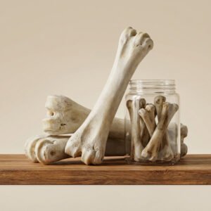 Pile of large white femur bones on a wooden table, with a glass jar full of smaller bones beside them.