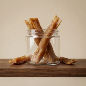 Beef jerky sticks arranged upright in a clear glass jar on a wooden surface.