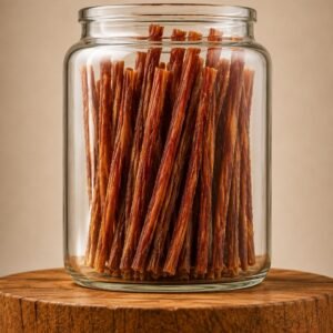 Glass jar filled with dried beef jerky sticks standing upright on a wooden surface.
