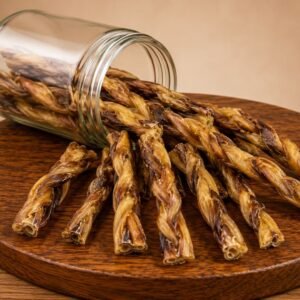 Twisted pretzel sticks spilling from a glass jar onto a wooden platter.
