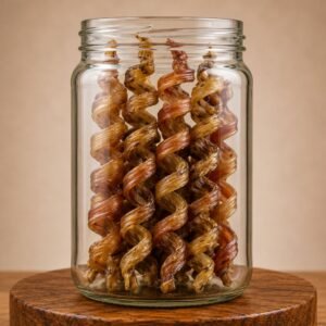 Glass jar filled with twisted pretzel sticks on a wooden surface.